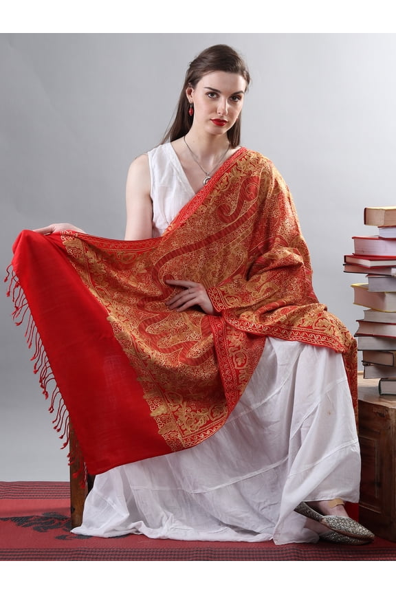 True-Red Embellished Multicolor Aari Embroidered Motif Pure Woolen Shawl from Kashmir