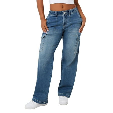 True Religion Women's SN Cargo Denim Pant: Elevated Style with Functional Utility- Medium Wintry - 27