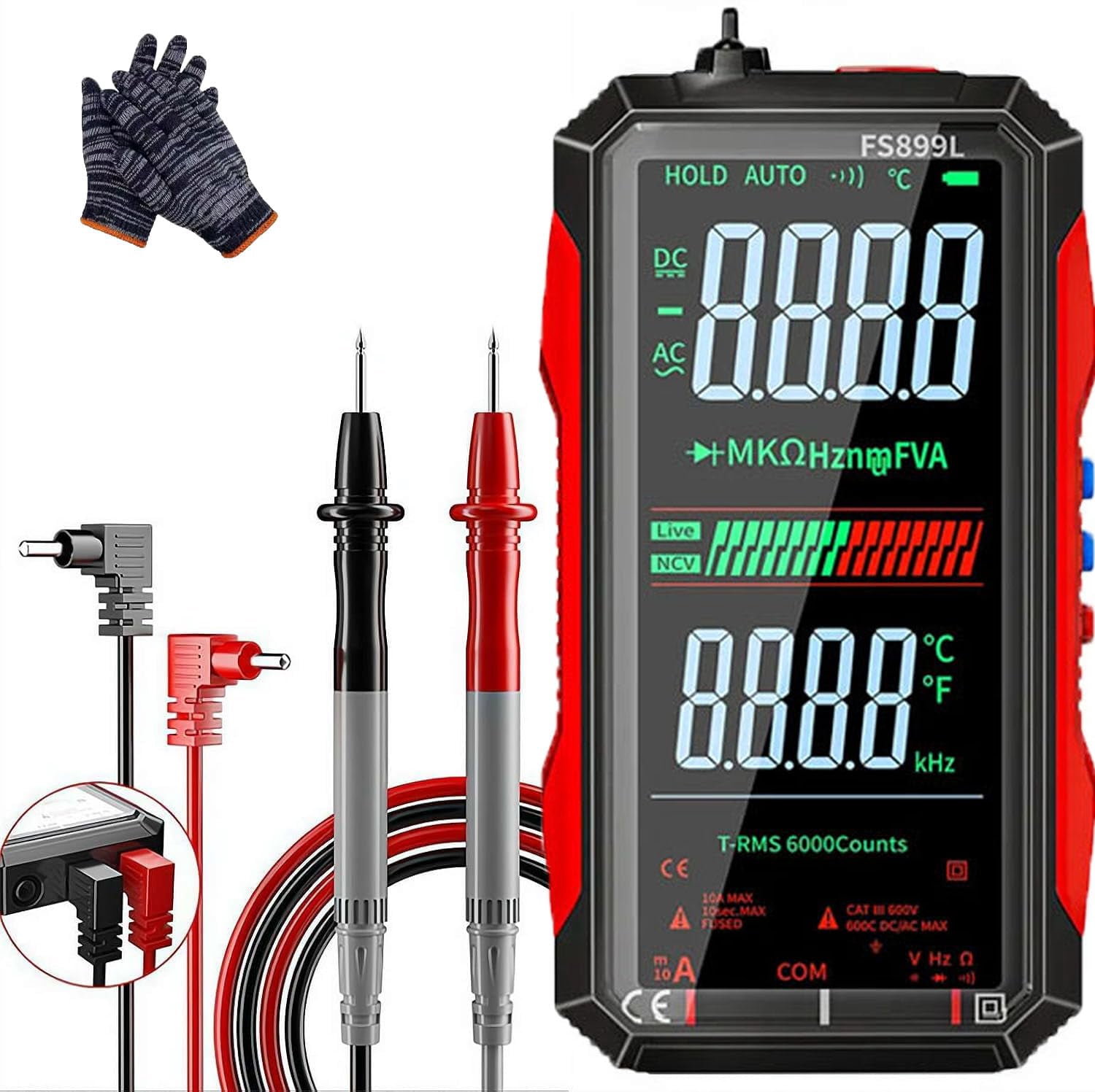 True Rms 6000-Count Digital Voltmeter, Fs899l Smart Digital Multimeter, USB Rechargeable Digital Multimeter 6000 Counts, Large Color Screen, Backlight, Multimeter Tester Auto Ranging
