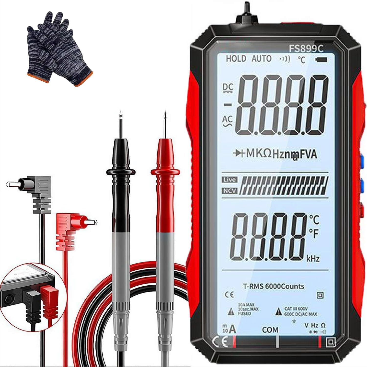 True Rms 6000-Count Digital Voltmeter, Fs899l Smart Digital Multimeter, USB Rechargeable Digital Multimeter 6000 Counts, Large Color Screen, Backlight, Multimeter Tester Auto Ranging
