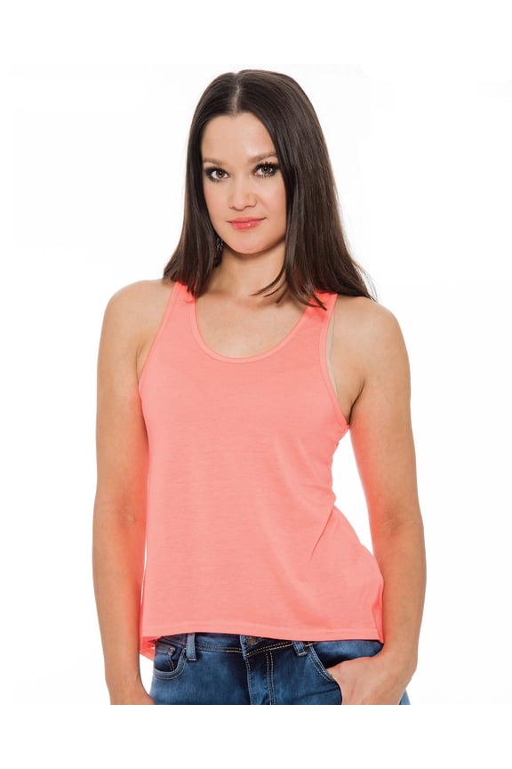 Jr Women's Alexa High Low Racerback Tank Top (Neon Coral, Large)