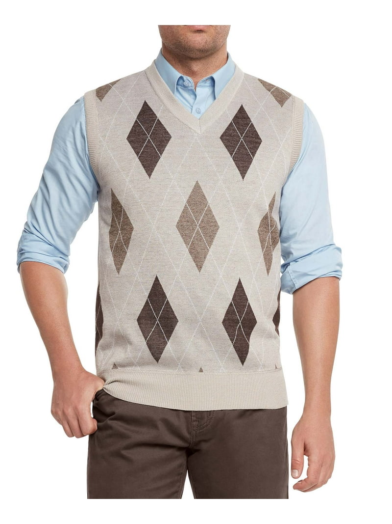 True Rock Men's Argyle V-Neck Sweater Vest, Large, Beige/Brown
