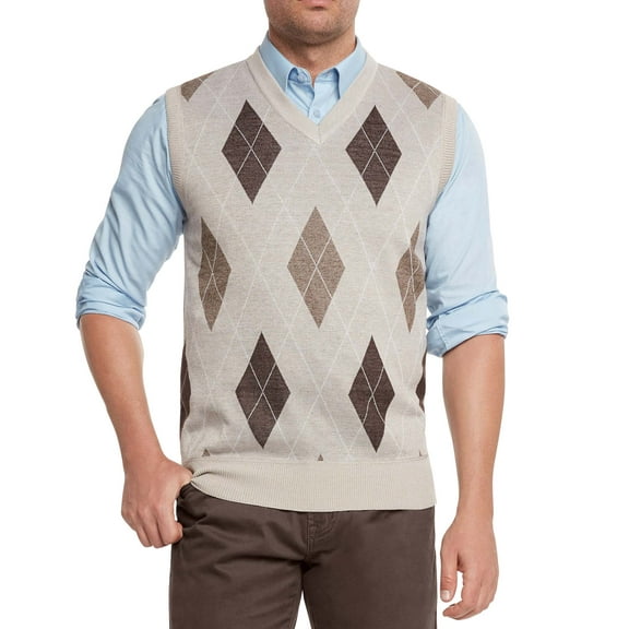 True Rock Men's Argyle V-Neck Sweater Vest (Beige/Brown, Large)