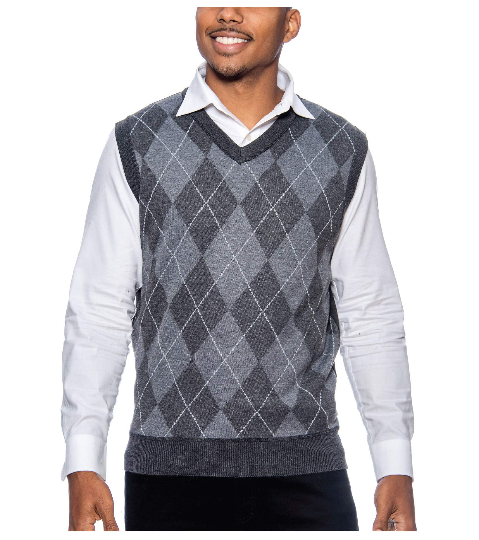 True Rock Men's Argyle V-Neck Sweater Vest (Black/Dark Grey, Large ...