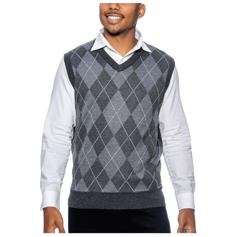 True Rock Men's Argyle V-Neck Sweater Vest (Black/Dark Grey, Large