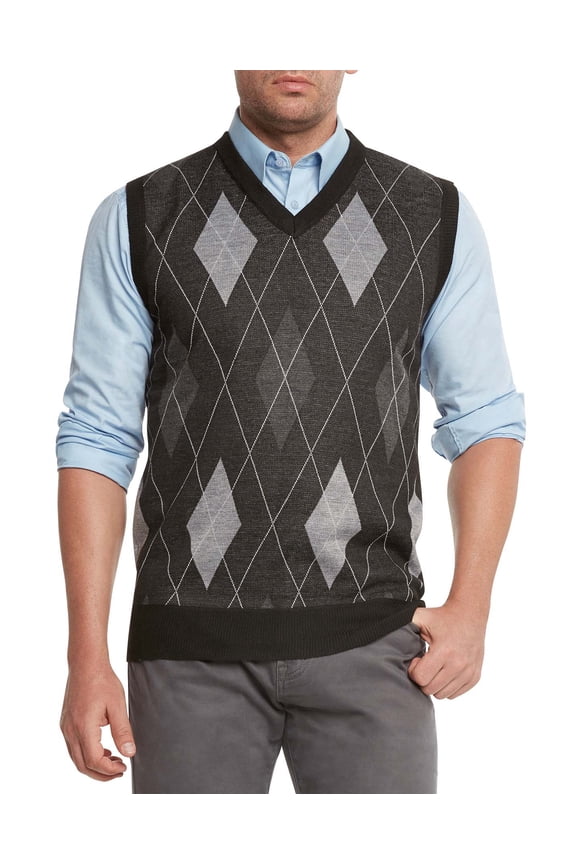 Men's Argyle V-Neck Sweater Vest (Black/Gray, X-Large)