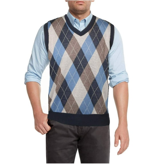 True Rock Men's Argyle V-Neck Sweater Vest (Navy/Tan/Blue, Large)