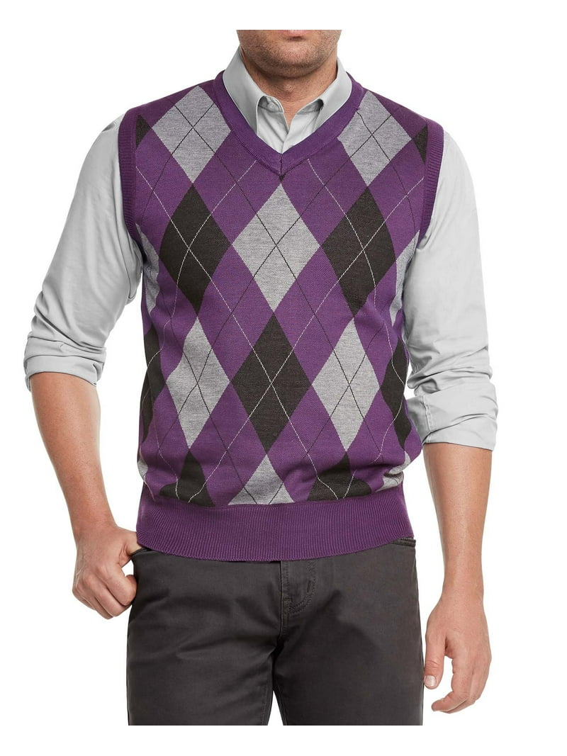 True Rock Men's Argyle V-Neck Sweater Vest, Athletic Cut, Ribbed