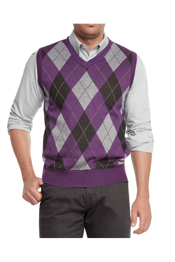 Men's Argyle V-Neck Sweater Vest (Purple/Blk/Gray, Large)