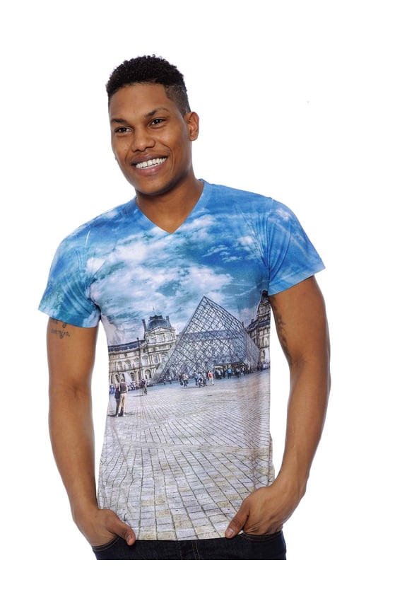Men's Slim Fit Sublimation V-Neck T-Shirt (Louvre, Small)