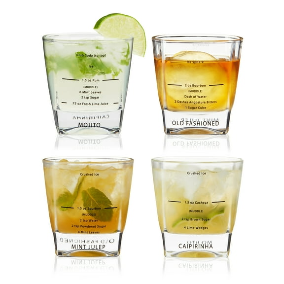 True Rocks Glasses with Cocktail Recipes, Home Bar Gifts, 8.5oz Set of 4