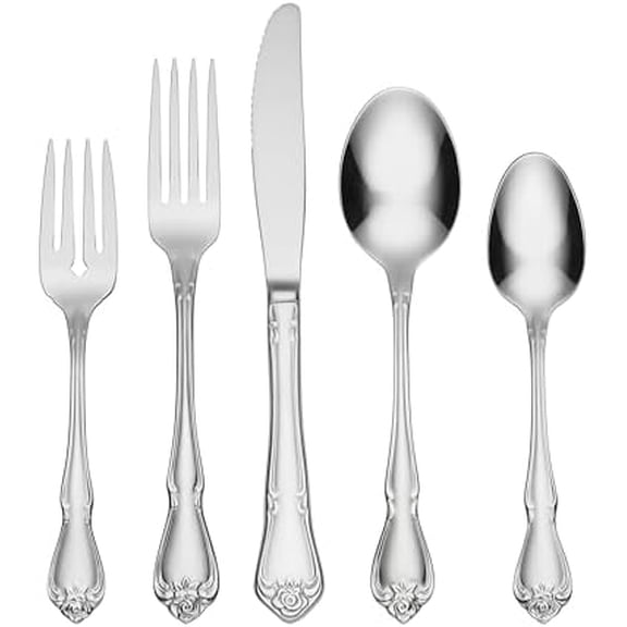 True Rose 45 Piece Everyday Flatware, Service for 8, 18/0 Stainless Steel, Silverware Set, Silver