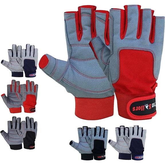 True Sailors Sailing Gloves with 3/4 Finger and Grip for Men and Women, Great for Kayaking, Workouts and More Grey/Red