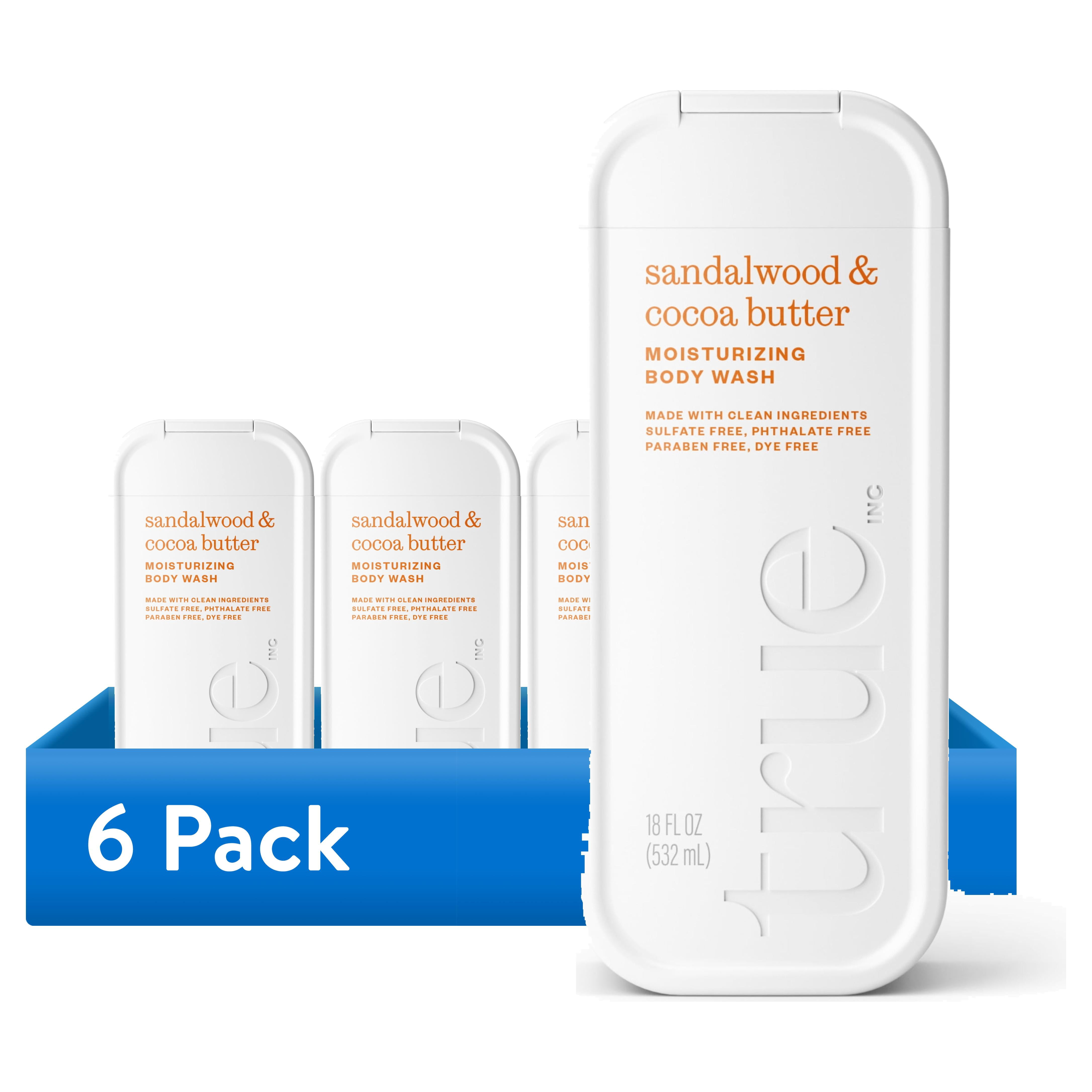 (6 pack) True Sandalwood & Cocoa Body Wash, Sulfate-Free, Moisturizing and Hydrating Formula for Women & Men, 18 fl oz