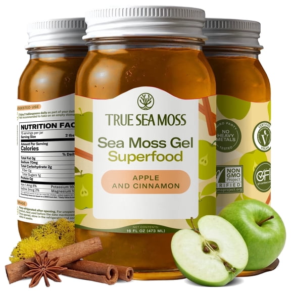 TrueSeaMoss Wildcrafted Irish Sea Moss Gel Apple&Cinnamon, 1 Pack, Natural Seamoss 16 fl oz Flavored Seaweed Snack