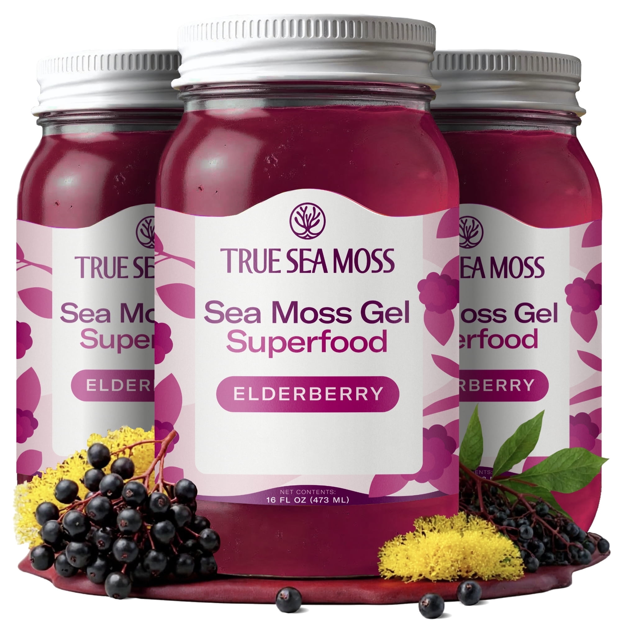TrueSeaMoss Wildcrafted Irish Sea Moss Gel – Elderberry, 3 Pack