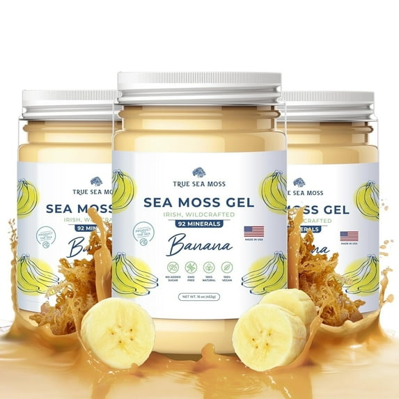 TrueSeaMoss Wildcrafted Irish Sea Moss Raw Sea Moss Supplement, Banana 12 oz. 3-Pack