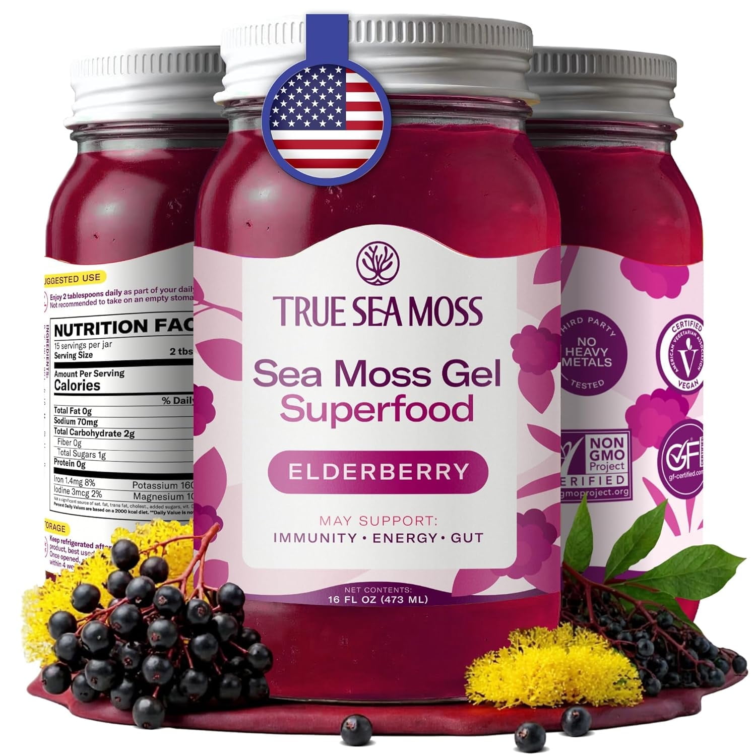TrueSeaMoss Wildcrafted Irish Sea Moss Gel Superfood - Elderberry, Pack of 1 Organic Seamoss - Made in USA