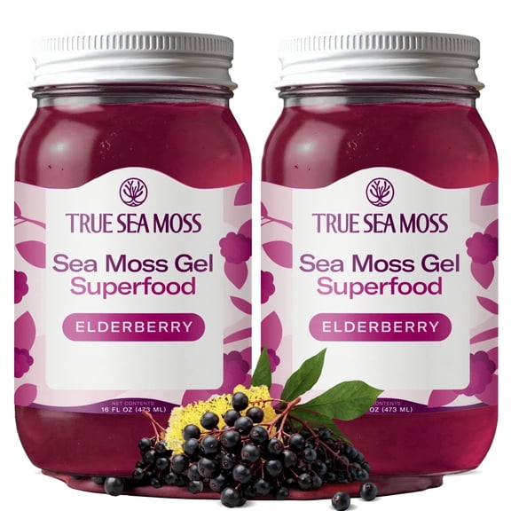 TrueSeaMoss Wildcrafted Irish Sea Moss Gel Elderberry, 2 Pack, Natural Seamoss 32 fl oz Flavored Seaweed Snack
