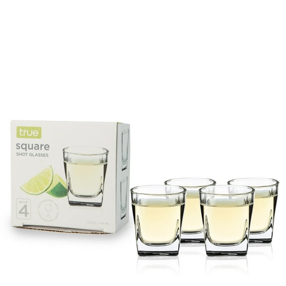 True Square Shot Glasses for Spirits, Whiskey, Tequila, 1.5oz, Set of 4