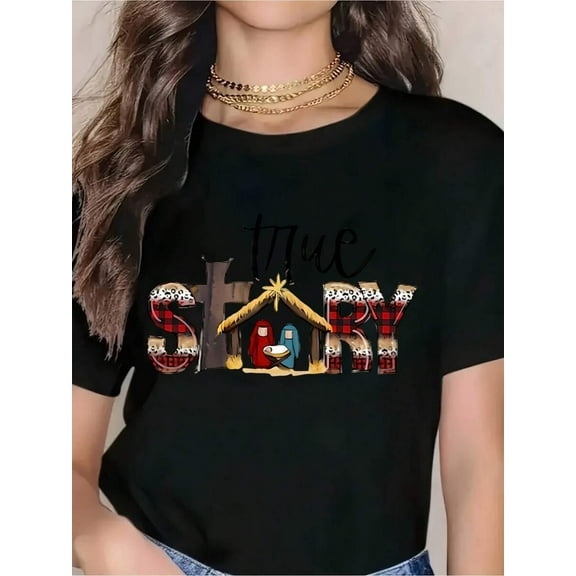 True Story Christmas Tree House Plaid Pattern Women's T-Shirt Holiday Gift For Xmas Festive Wear