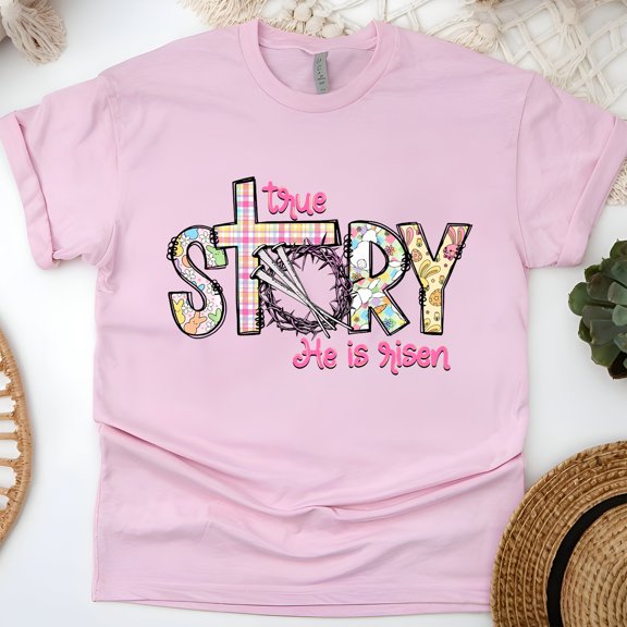 True Story He Is Risen Cross Graphic Christian T-Shirt, Light Pink, Size M