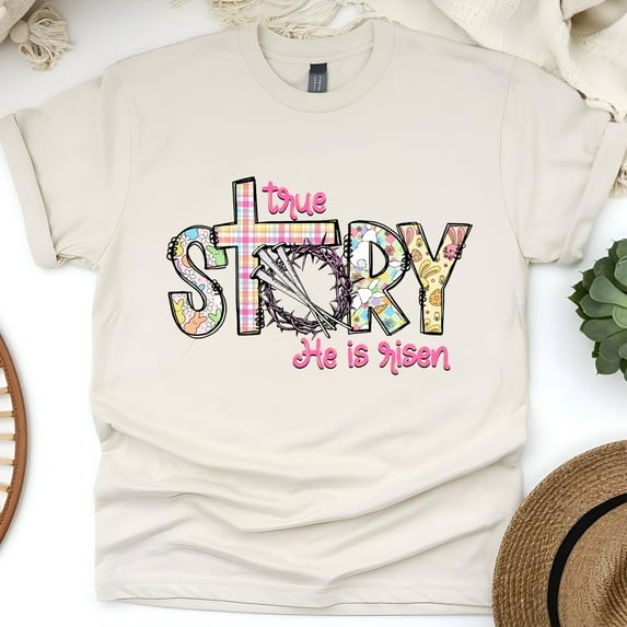 True Story He Is Risen Cross Graphic Christian T-Shirt, Natural, Size 2XL