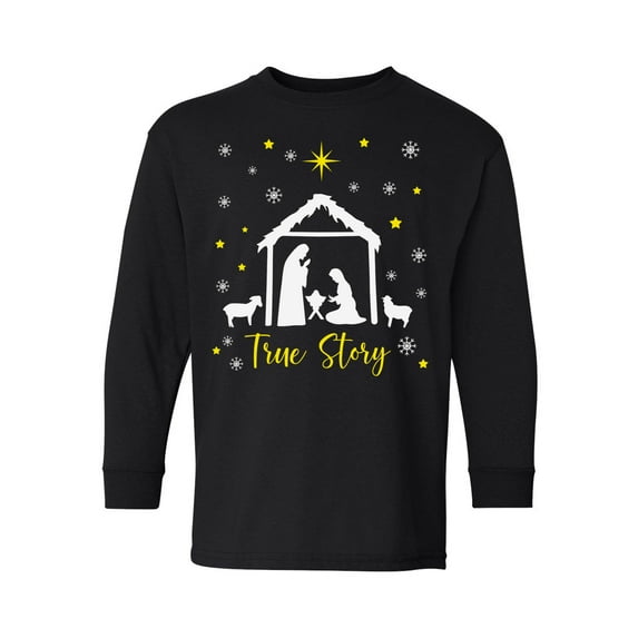True Story Long Sleeve Shirt Xmas Kids Shirt Jesus Tee Cross Merry Christmas T-Shirt Boys Girls Holiday Gift Youth Christian Religious Nativity Scene