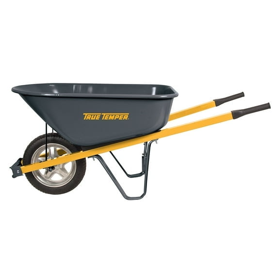 True Temper 6' Cubic Steel Wheelbarrow w/ Steel Handles and Flat-Free Tire