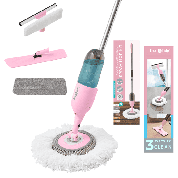 True & Tidy Clean Everywhere Spray Mop Kit for Floor Cleaning, Multi-Surface Wet & Dry Mop Kit with Reusable Microfiber Pads, Squeegee, and Refillable Bottle for Hardwood, Laminate & Tile, Pink