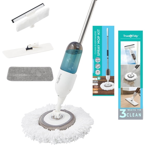True & Tidy Clean Everywhere Spray Mop Kit for Floor Cleaning, Multi-Surface Wet & Dry Mop Kit with Reusable Microfiber Pads, Squeegee, and Refillable Bottle for Hardwood, Laminate & Tile, White