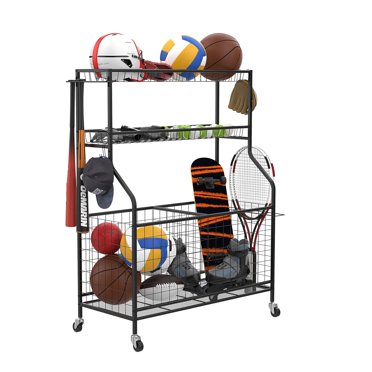 Signature Fitness Sports Equipment Organizer - Rolling Ball Storage Cart With Baskets