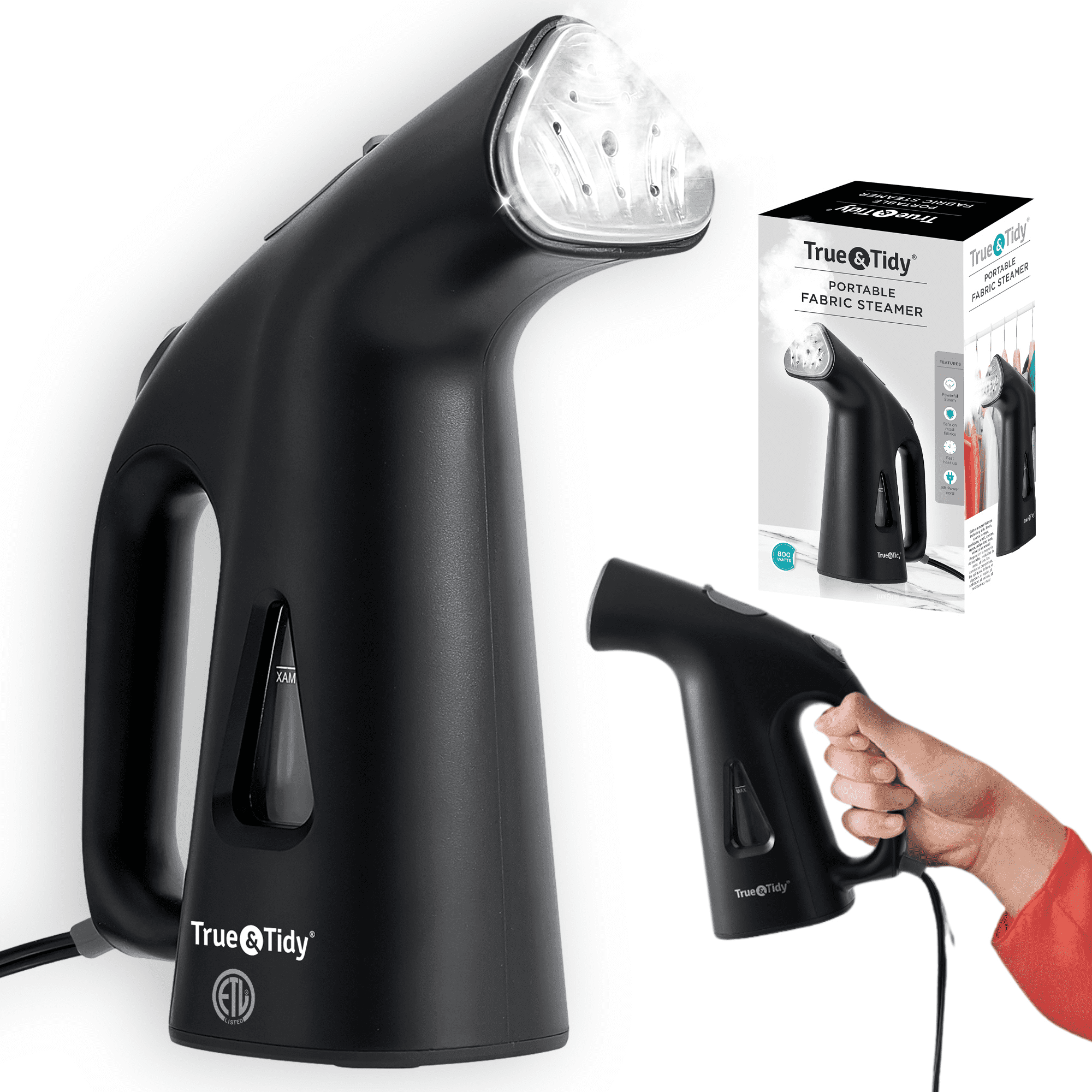 True & Tidy Portable Vertical Fabric Steamer for Home and Travel, Black