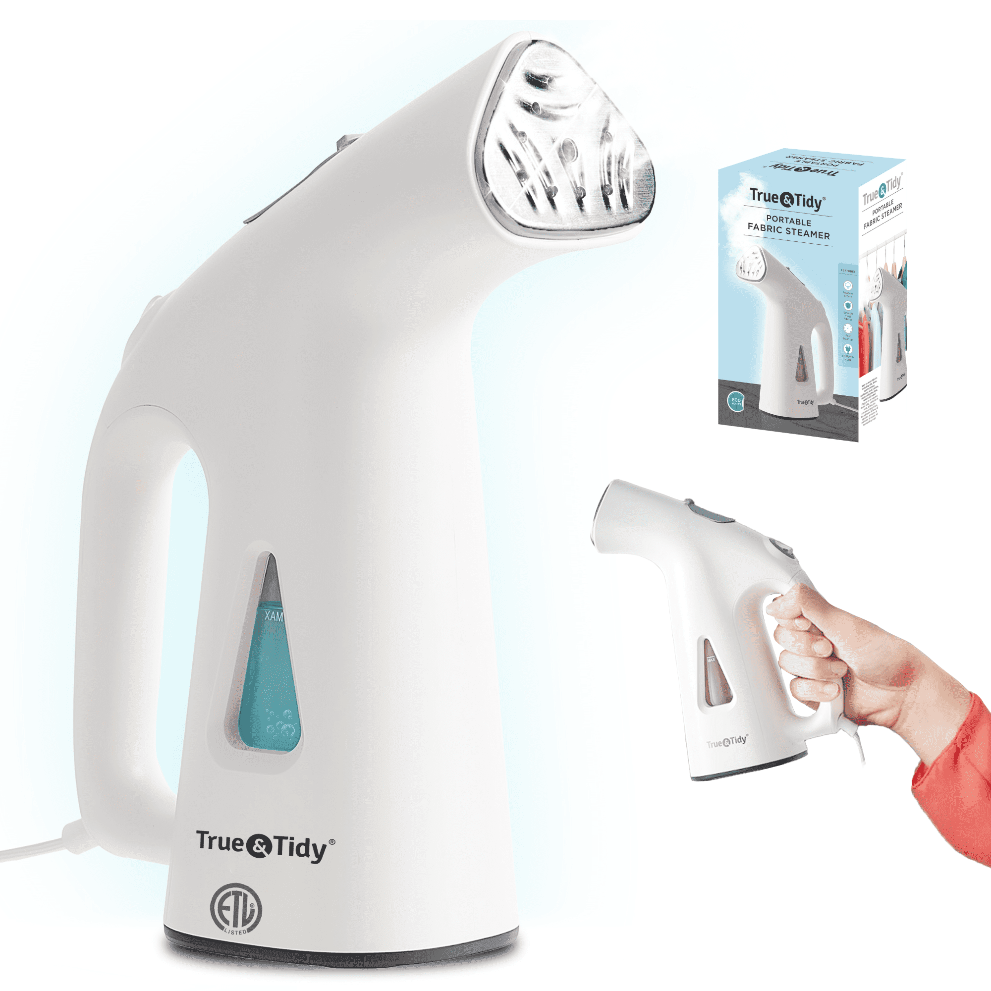 True & Tidy  Portable Vertical Fabric Steamer for Home and Travel, White