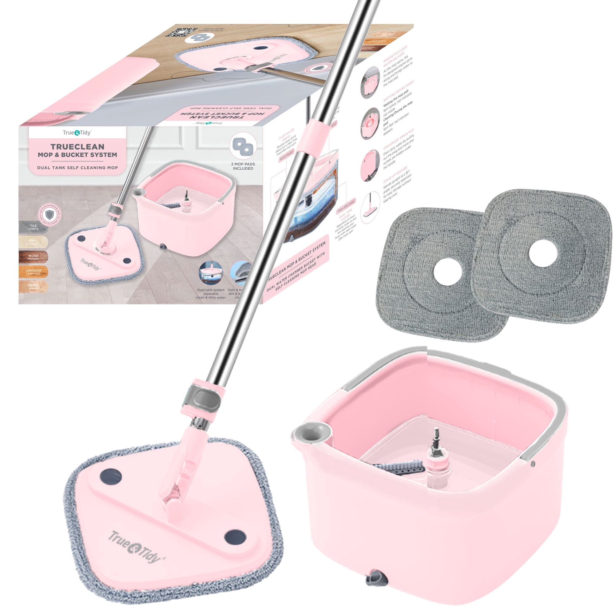 True Clean Spin Mop and Bucket System with Clean Water Separation, Self Cleaning Microfiber Floor Mop for Vinyl & Tile, Rose