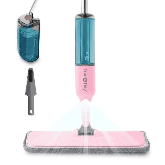 True & Tidy Spray Mop with 15 Inch, 360 Swivel Mop Head, Refillable Cleaner Bottle & Reusable Microfiber Pad, Pink
