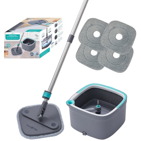 True Clean Spin Mop and Bucket System with Clean Water Separation, Self Cleaning Two Microfiber Floor Mop for Vinyl & Tile, Gray