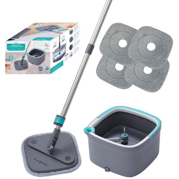 True Clean Spin Mop and Bucket System with Clean Water Separation, Self Cleaning Two Microfiber Floor Mop for Vinyl & Tile, Gray