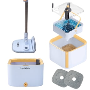 True & Tidy True Clean Dual Bucket and 2.0 Spin Mop System with Clean Water Separation, Self Cleaning Microfiber Floor Mop for All Surfaces