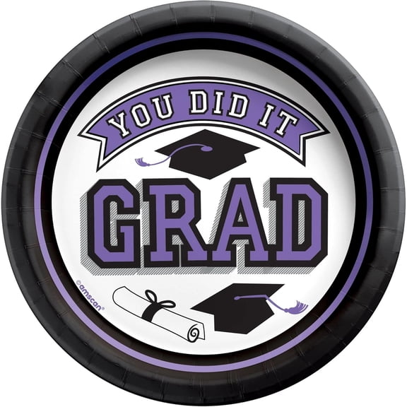 Amscan True To Your School Round Disposable Paper Plates in Purple - 6.75" (Pack of 20) - Bold Color Party Plates, Perfect for Graduation Celebrations