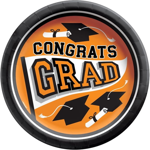 Amscan True To Your School Round Disposable Paper Plates in Orange - 8.5" (Pack of 20) - Bold Color Party Plates, Perfect for Graduation Celebrations