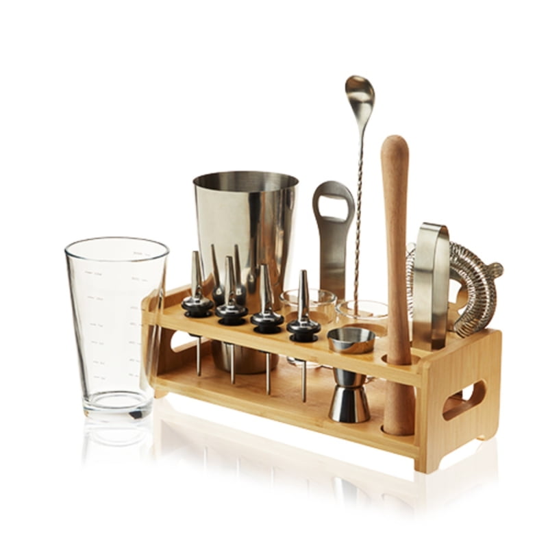 Ultimate 14-Piece Stainless Steel Barware Set with Wooden Stand