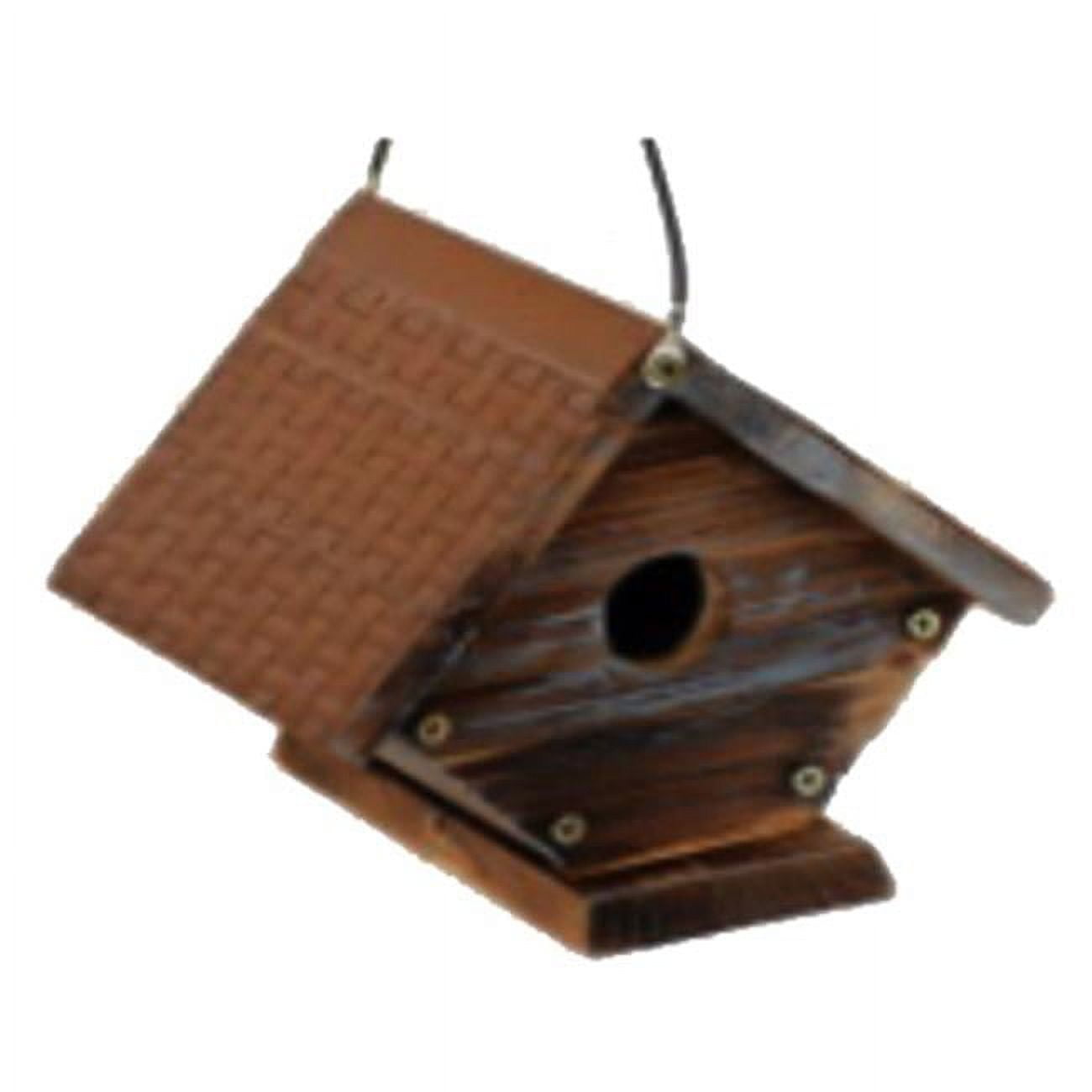 Rustic Brown Wooden Wren Bird House with Metal Roof