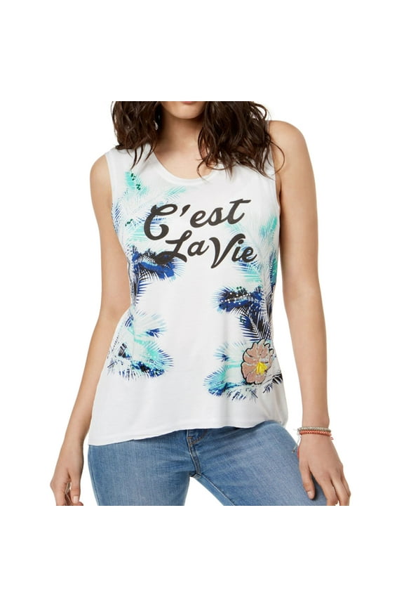 $34 Womens New 1493 Ivory Embellished Graphic Tank Top M B+B