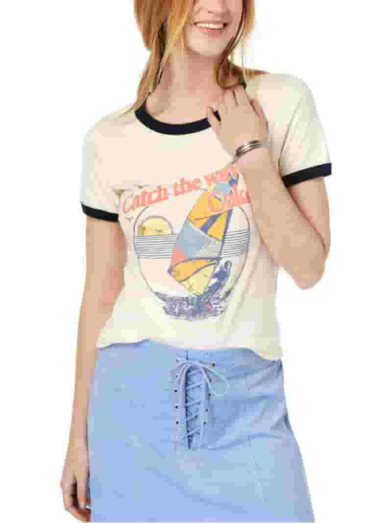 Marithe☆25SS W CONTRAST GRAPHIC TEE (2color) True Vintage Womens Catch the Wave Cotton Contrast Trim