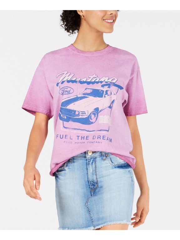 Womens Crew Neck Raw Hem Graphic T-Shirt Purple L