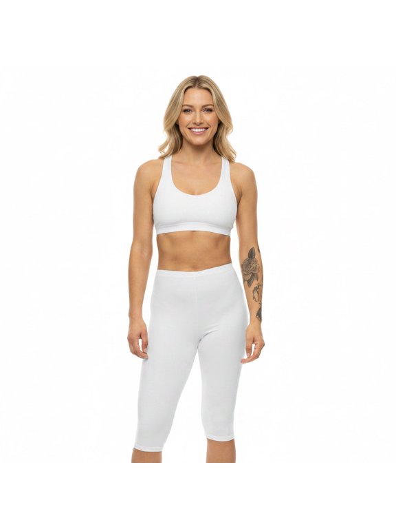 True White Capri Leggings Women's Poly Span Solid Color Casual Stretch Short Pants