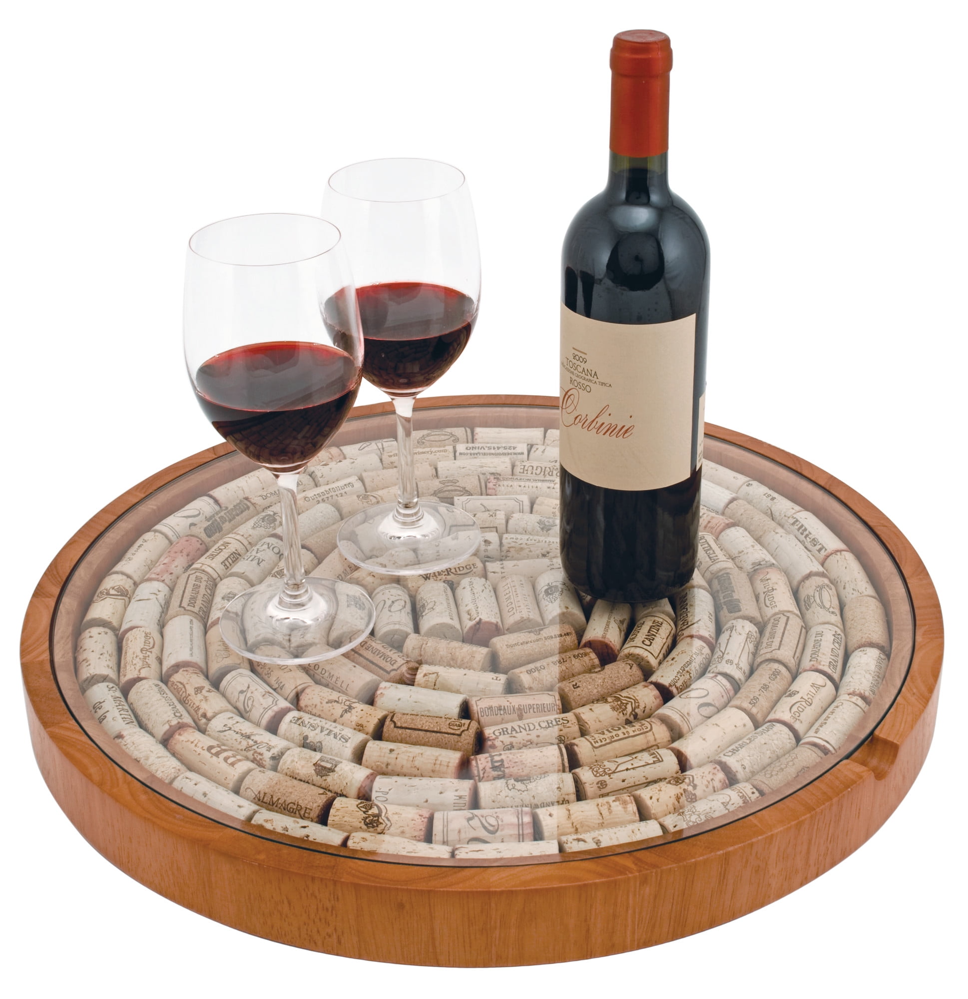 True Wine Cork Collector Lazy Susan Turntable, Wooden and Glass Storage