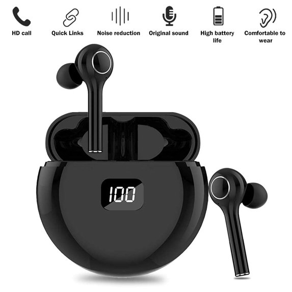 True Wireless Earbuds,Bluetooth 5.0 Earbuds Stereo Premium Sound 30H Playtime,Wireless Earbuds with LED Display Charging Case,Waterproof in Ear Headphones with Mic for Work/Running/Travel/Gym (Black)