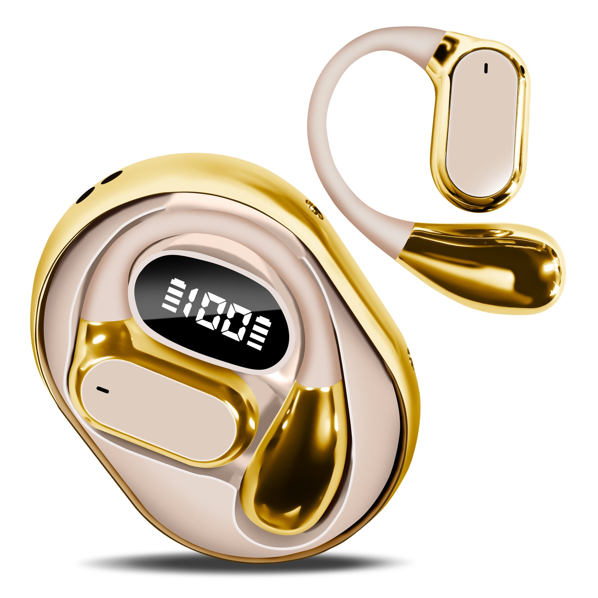 True Wireless Stereo Earphone, Open Ear Touch Control Bluetooth Headphone with Earhook, Type-C Charging Earphone for Meeting/Travel/Video/Game, Gold